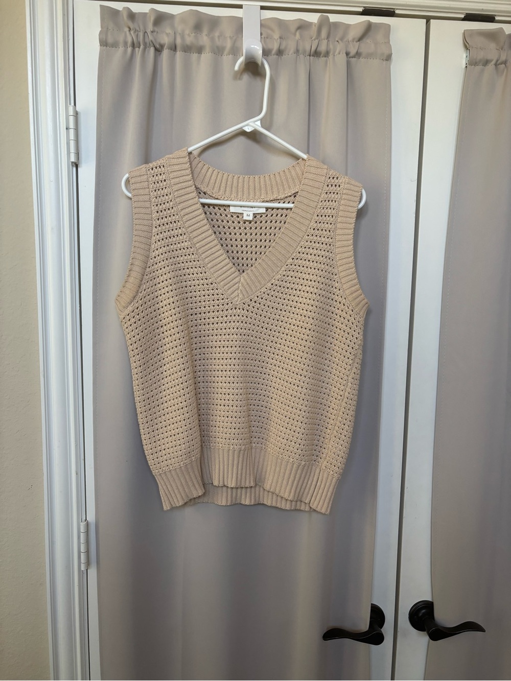 Sleeveless V-Neck Loose Knit Vest in Light Beige 100% cotton